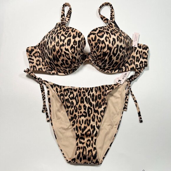 Victoria Secret 40C L ICON Push Up Bikini Top Bottom Set Leopard Animal Print - Picture 1 of 10